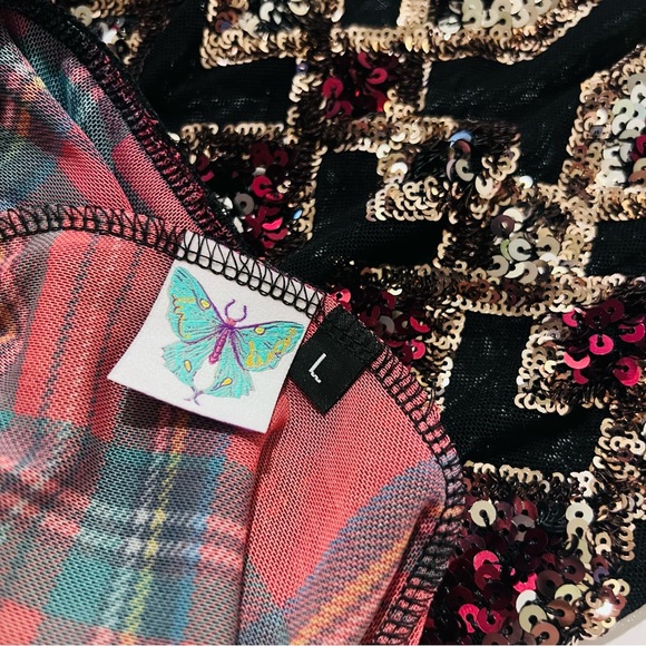 Disco Lemonade X Lux Muse Plaid & Sequin Mix Media Bell Bottom Flare Pants - Picture 8 of 15